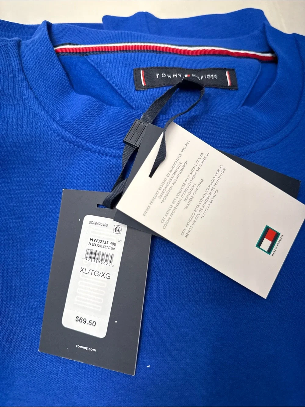 Tommy Hilfiger Men's Crewneck Sweater - Bright Blue with Flag Logo